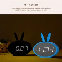 Estoque dos EUA Cartoon Bunny Ears LED de madeira Digital Clock Control Voice Termômetro Display Azul A19280p