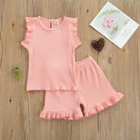 Clothing Sets Summer 2 Pcs Casual Soild Color Infant Ribbed Outfits Baby Girl Flying Sleeve Round Neck Pullover + Ruffle Shorts (Pink)