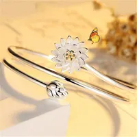 Armreif Fashion Silver Charm Lotus Love Bracelets für Frauen offen einstellbarer Mehrschicht 925 Sterling Schmuck Geschenkbanglebangle