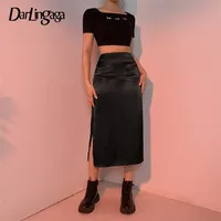 Darlingaga vintage bruine hoge taille rok vrouwelijke harajuku satijn lange rok zijkant split dames zomer rokken gotische kleding 220702