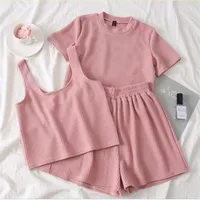 Heliar Pink Oneck Tshirt 및 반바지 및 Camis Women 3 PCS 세트 바지 세트 Femme Female Outfits Summer Suits 여성 220526