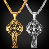 18K GOUD VERLAAGDE roestvrij staal Keltische christelijke sieraden Triquetra Viking Triple Horn of Odin Celtic Cross -kettingen Pendant281Q