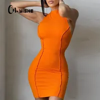 CNYISHE Mouwloze Casual Fashion Mini-jurken Skinny Summer O-Neck Women Bodycon Neon Orange Dress Streetwear Vestidos Robes 220511