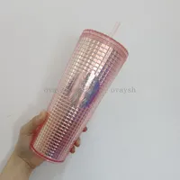 2022  Double Corn Cup Straw Cup 710ML Tumblers Mermaid Plastic Cold Water Coffee Cups Gift Mug Pink