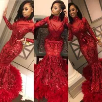 2020 New Sexy Red Prom Dresses High Neck Sequined Lace Long Sleeves Mermaid Sequins Feather Sweep Train Party Dress Formal Evening280z