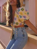 Women's T-Shirt Women With Tied Floral Print Poplin Crop Blouses Female Fashion Vintage Deep V Neck Puff Sleeve Shirts 2022 Summer Chic Tops