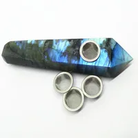 Natural gemstone point tobacc tube labradorite crystal wand smoke pipe with three metal mesh and 1 cleaning brush healing202y