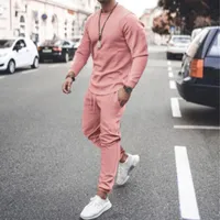 Sportswear Sumer Gym Clothing Men's Suit Solid Color Sports Suit Sweater Long Sleeve T-Shirt + Pants Printing 2 Piece Set