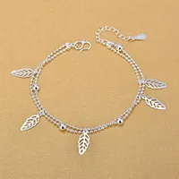 سلسلة الارتباط Bijoux Vintage Double Layer Beads Bracelets Hollow Leaves Charm for Women Silver Color JewelryLink