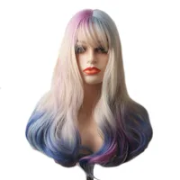 Woodfestival syntetiskt hår regnbåge peruk med lugg färgglada färgade cosplay peruker för kvinnor ombre koreansk vågig medellängd