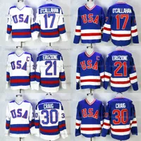 Schip van US Mike Eruzione #21 1980 Miracle on Ice Team USA Hockey Jersey Jim Craig #30 Jack O'Callahan #17 Movie Jerseys Men's All Stitched White Blue Top Quality
