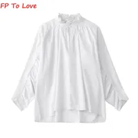 女性用ブラウスシャツFPテンシャルレディッシュフレンチビンテージ2022年の白いトッププリーツスリーブポップリンハイウエストシックカラーシャツwome
