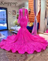 Quente rosa sereia longos vestidos de baile 2022 menina negra africana mangas compridas sparkly lantejoulas festa de luxo noite formal p vestido 0408