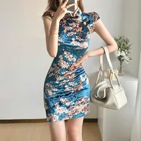 Ethnic Clothing Spring Women Dress Blue Qipao Vintage Print Chinese Style Improved Girl Velvet Short Tight Cheongsam SkirtEthnic