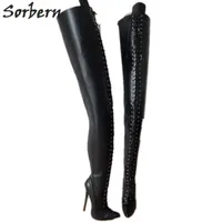 Sorbern Extreme Long Boot Custom 95cm Crotch Lår Höga Stövlar Kvinnor Lace Up 18cm Stiletto Stövlar Personlig Shaft Calf Bredd