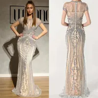 Luxury Champagne Beaded Mermaid Evening Dresses Real Pictures Short Sleeves Evening Gowns Long Formal Party Dresses235J
