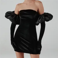 스커트 섹시한 랩 가슴 끈 끈이없는 블랙 바디콘 미니 드레스 여자 패션 퍼프 슬리브 장갑 생일 파티 클럽웨어 2022