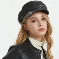 Berets Beret Hats For Women Novelty Harajuku 2022 Winter Korean British Fashion Genuine Leather Navy Caps Ladies Short Brim Flat Czapki Davi