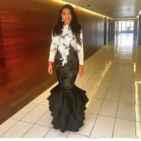 Mermaid White and Black Evening Dresses Long Sleeve Appliques Lace Ruffles Tiered Skirt Fashion Formal Party Gowns Custom Size250e