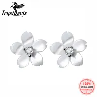 Stud Trustdavis 100% 925 Sterling Silver White Shell Flower CZ Earring For Women Girl Kid Lady Sieraden Gift ED31Stud