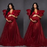 Red Maternity Dress for Photo Shoot Ruffle Cap Sleeve Prom Dresses V Neck Baby Shower Gowns Long vestido de novia