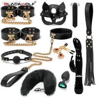 Blackwolf Bdsm Bondage Kits Genuine Leather Retention Set Hands Collar Gag Rabbit Vibrators Adult Sex Toys For Women Sets L220808