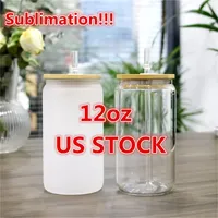 2 Day Delivery 12oz Sublimation Blanks Cola Can Tumbler Glass Cups Clear Frosted Jar Wide Mouth Mug Beer Iced Tea Glasses Wine Tumblers Cup With Bamboo Lid & Straws
