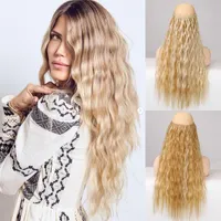 Syntetiska peruker 24 tum osynlig tråd Inga klämmor i ett stycke vattenvåg hår falska hårstycken för kvinnorsyntetiskt