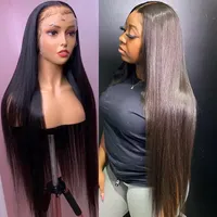 26 28 inç Uzun Düz Dantel Ön İnsan Saç Peruk 13x4 Sentetik Dantel Kapatma Frontal Peruk Siyah Kadınlar Için