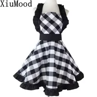 Xiumood Woman 's Apron for Home Kitchen Cooking Dining Accessory Black and White Buffalo Plaid Retro Full Aprons Bib F12142949
