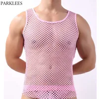 Pink Mesh See Through Fishnet Tank Top Men Sexy Perspective Sleeveless Fitted Muscle Top Male Bodybuilding Top Tees XL 220518