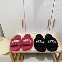 Paris Furry Slide Slippers Sandals 2022 Diseñador Lugar Sandalia de lana Campaña Política Logotipo de bordado de bordado Moda de calidad superior 34-42