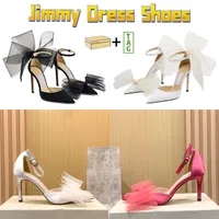 Jimmy Women Dress Zapatos Londres Tonos puntiagudos High Heel Latte Black Fucsia Boda de boda Bowtie Silk Cho Lady con caja