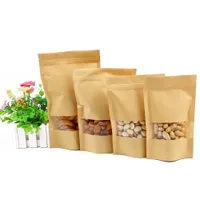Kraft Paper Wrap Ziplock -tas met raam Stand Up Hersluitbare grip Zelfafdichting Zakken voor het opslaan van koekjes gedroogd voedsel snack