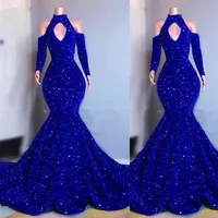 2022 Sexy Bling Royal Blue Velvet Crystal Sequins Prom Dresses Long Sleeves Mermaid Keyhole Evening Gowns Elegant Off Shoulder Wom258b