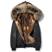 Men's Leather & Faux Real Fur Coat Men Parka Short Winter Jacket Mink Liner Raccoon Dog Collar Hooded Camouflage Parkas Hombres 2022 CL-1990