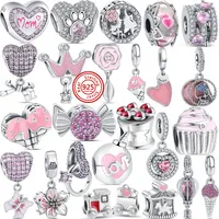 925 Silver Fit Pandora Charm 925 Bracelet Pink Heart Bow Crown Ice Cream Love Lucky charms set Pendant DIY Fine Beads Jewelry