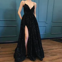 Siyah V-Neck Prom Partisi Gece Elbise Vestido de Noiva Sereia Robe De Soiree Resmi Seksi Yan Yarık Spagetti Kayışı 220429