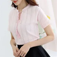 100 Cotton Summer Blouses Women 2019 Short Sleeve Lace Hollow Out Shirt White Corean Ladies Tops Female Blusas Pink Blue B213 Y200623