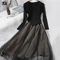 Ly varey Lin New Autumn Women Tulle Batchwork Dresses Elegant Long Sleeve Polka Dot A Line Black Slim Dresses 220317