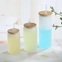 Sublima￧￣o colorida de 16 on￧as de vidro fosco de vidro canecas de gradiente com tampa de bambu e reutiliz￡vel refrigerante port￡til pode caf￩ suco de leite copos de pedreiro