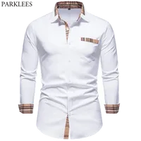 الرجال عارضة القمصان parklees 2022 الخريف منقوشة خليط رسمي للرجال ضئيلة طويلة الأكمام الأبيض زر أعلى قميص مكتب الأعمال camisas