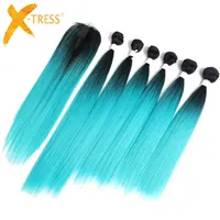 Mint Green Ombre Color Synthetic Hair Bundles With Lace Stängning 14-18 tum 6 Bundle X-Tress Yaki Straight Hair Weaving Extensions H220429
