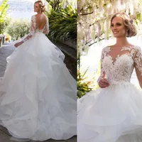 Gorgeous Scoop Long Sleeves Wedding Gowns Sexy Backless Ball Gown Lace Bridal Dress with Ruffles Robe de Mairage
