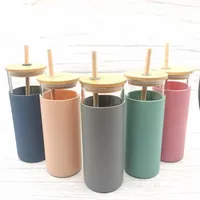 16oz Glass Mug Juice Milk Mugs with Silicone Sleeve Bamboo Lid and Straw Environment-friendly Novelty Tumbler Wine Bottle Office Car Mugs sxa23