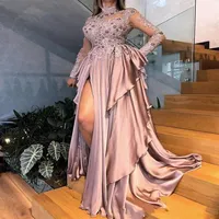 2020 Arabic Aso Ebi Beaded Appliques High Neck Long Sleeves Prom Dresses Sexy Dusty Pink Split Ruffles Formal Evening Gowns Wear P2342