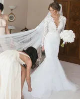 Other Wedding Dresses Mermaid Lace Deep V-Neck Appliques Long Sleeves White Bridal Gowns Elegant Vintage Vestidos De Novia Custom MadeOther