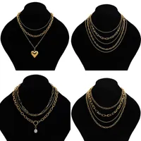 Cadenas Punk Rock Multi-Capa Cuban Link Collar para Mujer Pearl Gold Heart Collant Chunky Thick Cadena Hip Hop Jewelry
