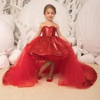 Sparkle Pulins Küçük Kızlar Pageant Elbiseleri 2019 Çıkarılabilir Tül Tren Balkown Hi Lo Çocuk Noel Doğum Günü Partisi Gowns Çiçek 302H
