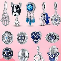 Lucky Charm 925 Sterling Silver Protective Hamsa Hand Dangle Charm Beads fit Pandora Bracelet 925 Silver jewelry2713